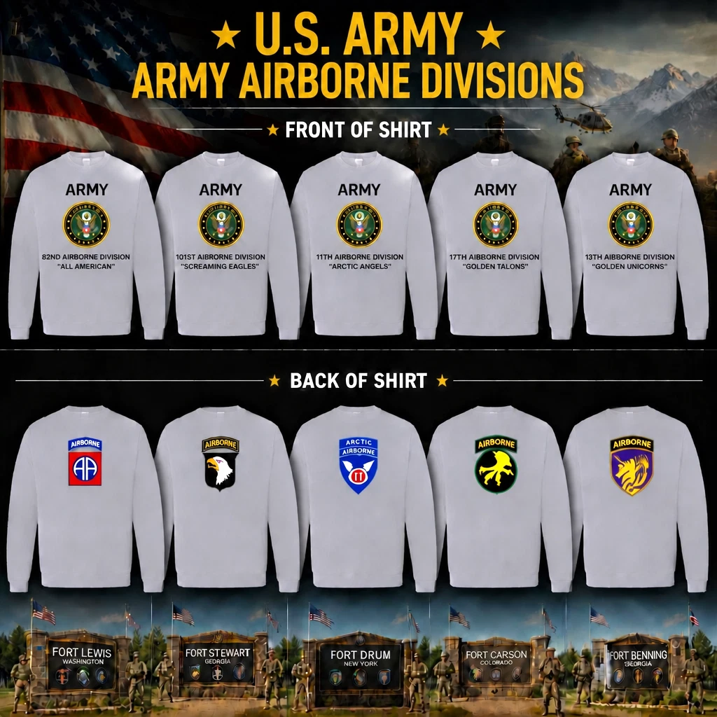 ARMY AIRBORNE DIVISION UNITS*2-SIDED SHIRTS . ARMY OFFICIAL LICENSE - Picture 1 of 2
