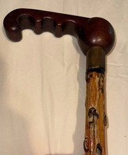 rare OOAK vintage KNOBBY wood BRASS walnut HAND carved SIGNED walking STICK Cane