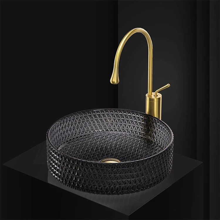 Fregadero de vaso de vidrio para baño moderno negro translúcido cilindro tocador mostrador cuenco Foto 2 de 4