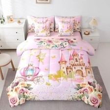 7 Piece Pink Princess Bedding Set for Girls Princess Twin Pink Gold Yellow