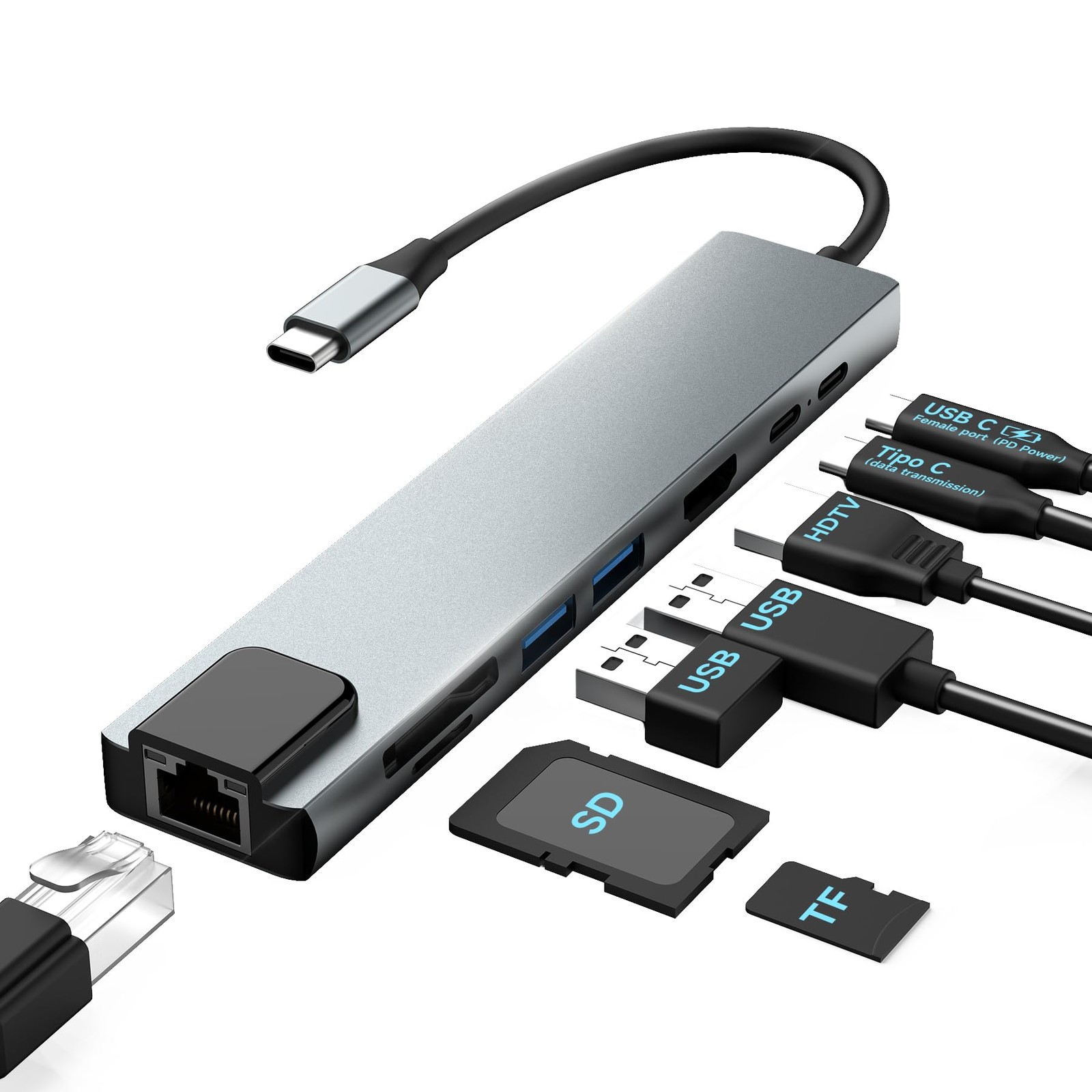 Hub USB C Adattatore Multiporta 8 in 1 con 100W PD 4K@30Hz HDMI 5Gbps USB 3.0