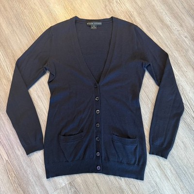 Ralph Lauren Womens Medium 100% Cashmere Black Label Button Navy Cardigan