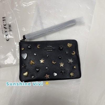 NWT Coach Corner Zip Wristlet Rivets Gunmetal/Black Multi Pebble