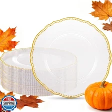 Hioasis 60pcs Clear Plastic Plates - Clear and Gold Disposable Dinnerware wit