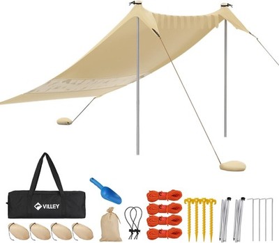 VILLEY Sonnenzelt Lycra Strandzelt mit Sandsack und 2 Stützstäbe 2m x 2,4m