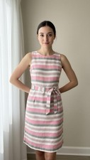 Loft Pink/White Striped Sleeveless Round Neck Sheath Belted Bow Dress Size M