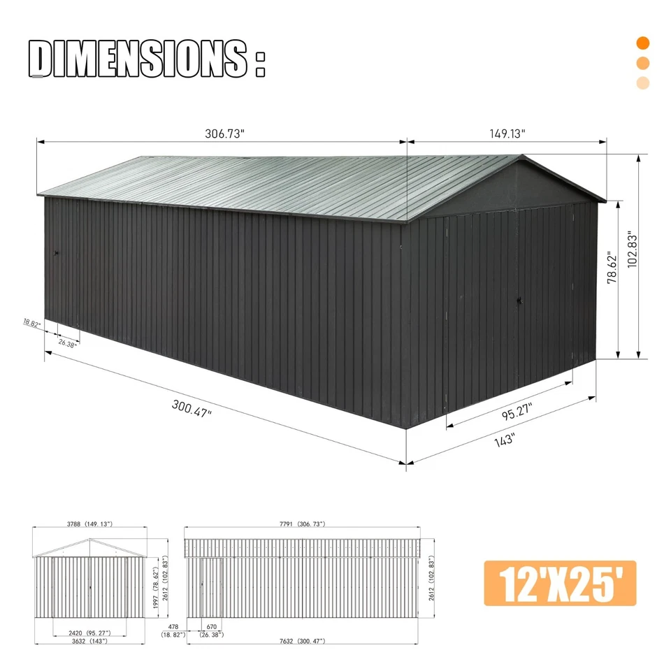 12x25 FT Outdoor Metal Garage Shed Extra Large Car Shelter w/ Lockable Door Gray - Image 2 of 4