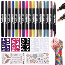 Temporary Tattoo Markers for Skin - Dual Tip 10 Colors Tattoo Pens for Skin Temp