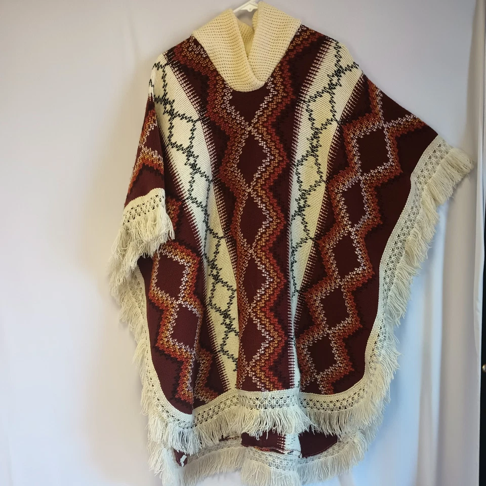 Vintage Poncho Made in Mexico 70s Boho Brick Red, Orange, Cream - Image 3 of 4
