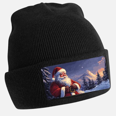 Black Cool Santa Print Beanie Hat - Unisex Cap, Cotton