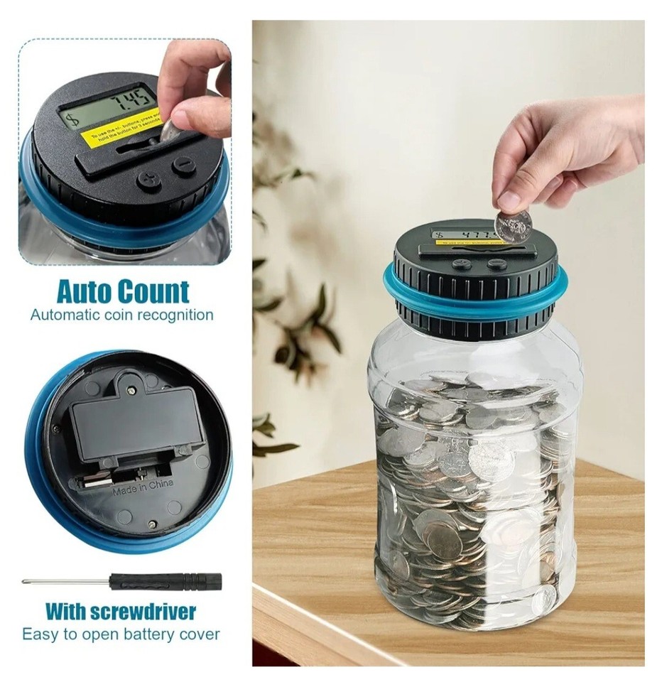 QPEY Large Digital Counting Money Jar, 1.8L Capacity Coin Counter