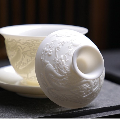 On Big Sales Porcelain Gaiwan White China Tureen Dragon Phoenix Relief Cup Bowl - Picture 3 of 14