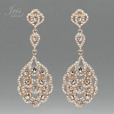 Women Wedding Drop Dangle Earrings Rose Gold Plated Clear Crystal Rhinestone 166