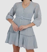 $168 Guess Women's Blue Belted 3/4-Sleeve Crochet-Detail Shirt Dress Size Medium