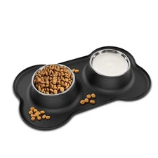 Dog Bowls Double Dog Cat Water and Food Stainless Steel Bowls with Silicone Mat