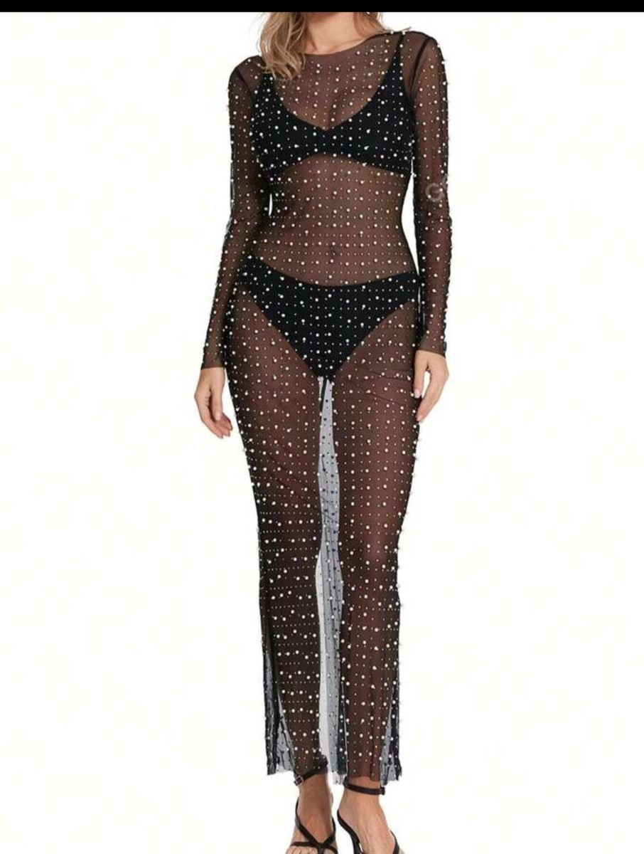 HOT Black Pearl Mesh Pearl Sheer Dress Black Mesh Pearl