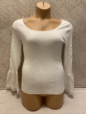 White House Black Market White Ribbed Lace Bell Sleeve Top. Size Small