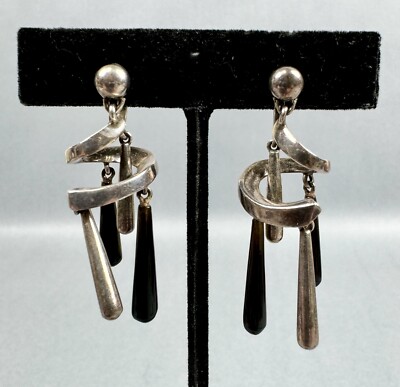 Antonio Pineda Earrings Taxco Mexico Silver Onyx Drop Art Deco MCM
