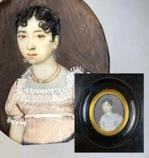 Antique Portrait Miniature, French Empire c.1814 Red Coral Necklace, Seed Pearls
