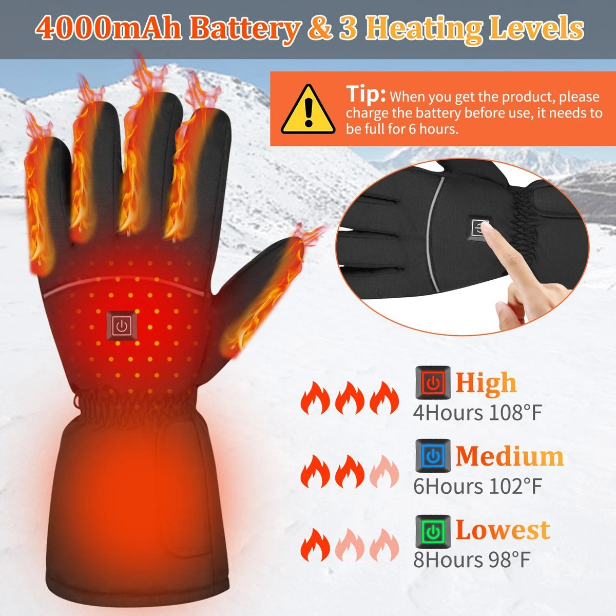 Electric Heated Gloves Rechargeable Battery Hand Warmer Windproof Thermal Winter