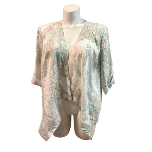 CHICOS 100% Linen Open Front Blazer Sz XL Roll Tab Sleeve Artsy Lightweight NWT - Picture 2 of 14
