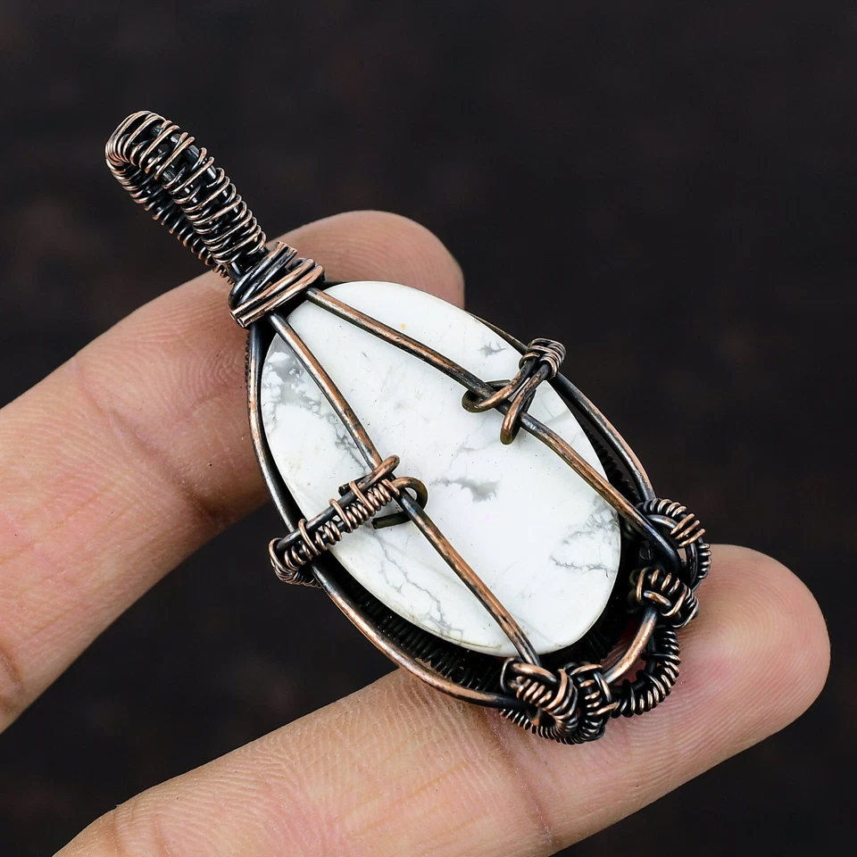 Women Day Sale Howlite Wire Wrapped Pendant Handcrafted Copper Unique 2.52" - image 4 of 4