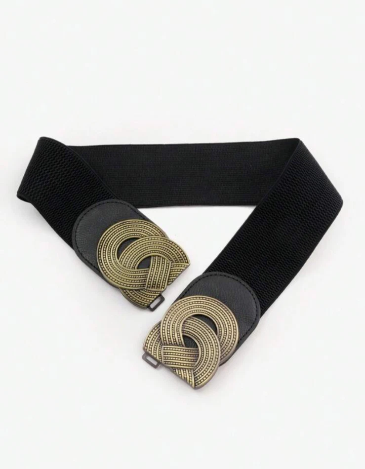 Cinturón elástico ancho negro hebilla de color latón para mujer Foto 2 de 3