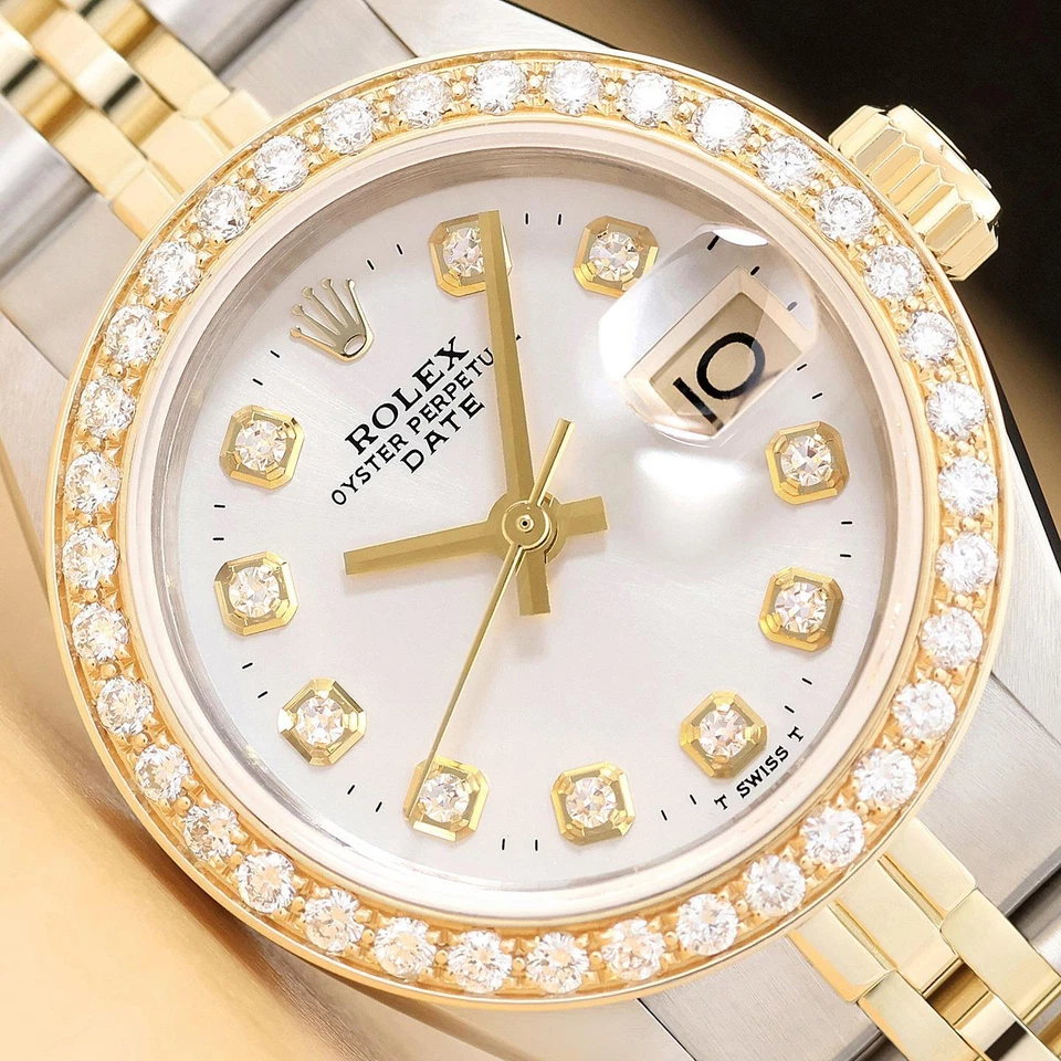 ROLEX LADIES DATE SILVER DIAMOND DIAL 14K YELLOW GOLD STEEL TWO TONE WATCH