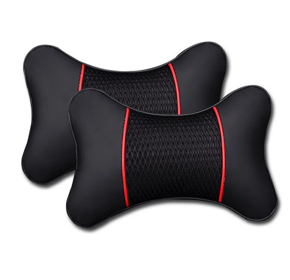 Almohadilla de cojín de reposacabezas 3D para asiento de coche de cuero PU rojo negro 2 piezas Foto 4 de 4