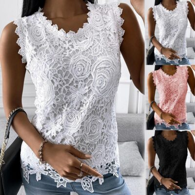 Women Lace Sleeveless Pullover Tops Vest Ladies Summer Tee Blouse T Shirt