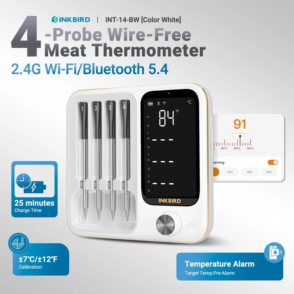 INKBIRD WiFi Bluetooth BBQ Thermometer INT-14-BW Waterproof Meat Grill Oven CF - Image 2 of 4