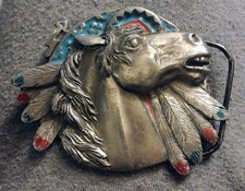 Vintage genuine Native American Horse Head Feathers Belt Buckle Collectable Rare