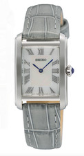 Seiko White Pearl Rectangle Dial Grey Leather Band SWR099 Women's Watch Classic