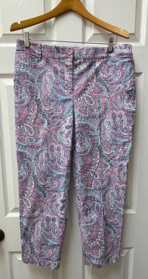 Pantalones Talbots Para Mujer 10 Azul/Rosa Paisley Corte Perfecto Elastizado Cintura Preppy Foto 2 de 4