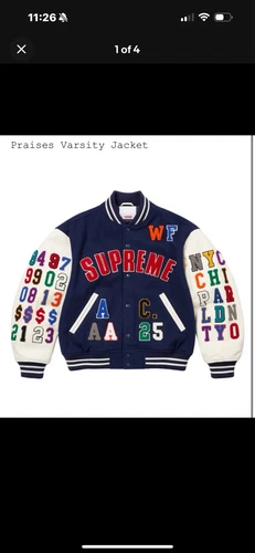 Veste universitaire homme marine Supreme Praises neuve à la main taille L à la main