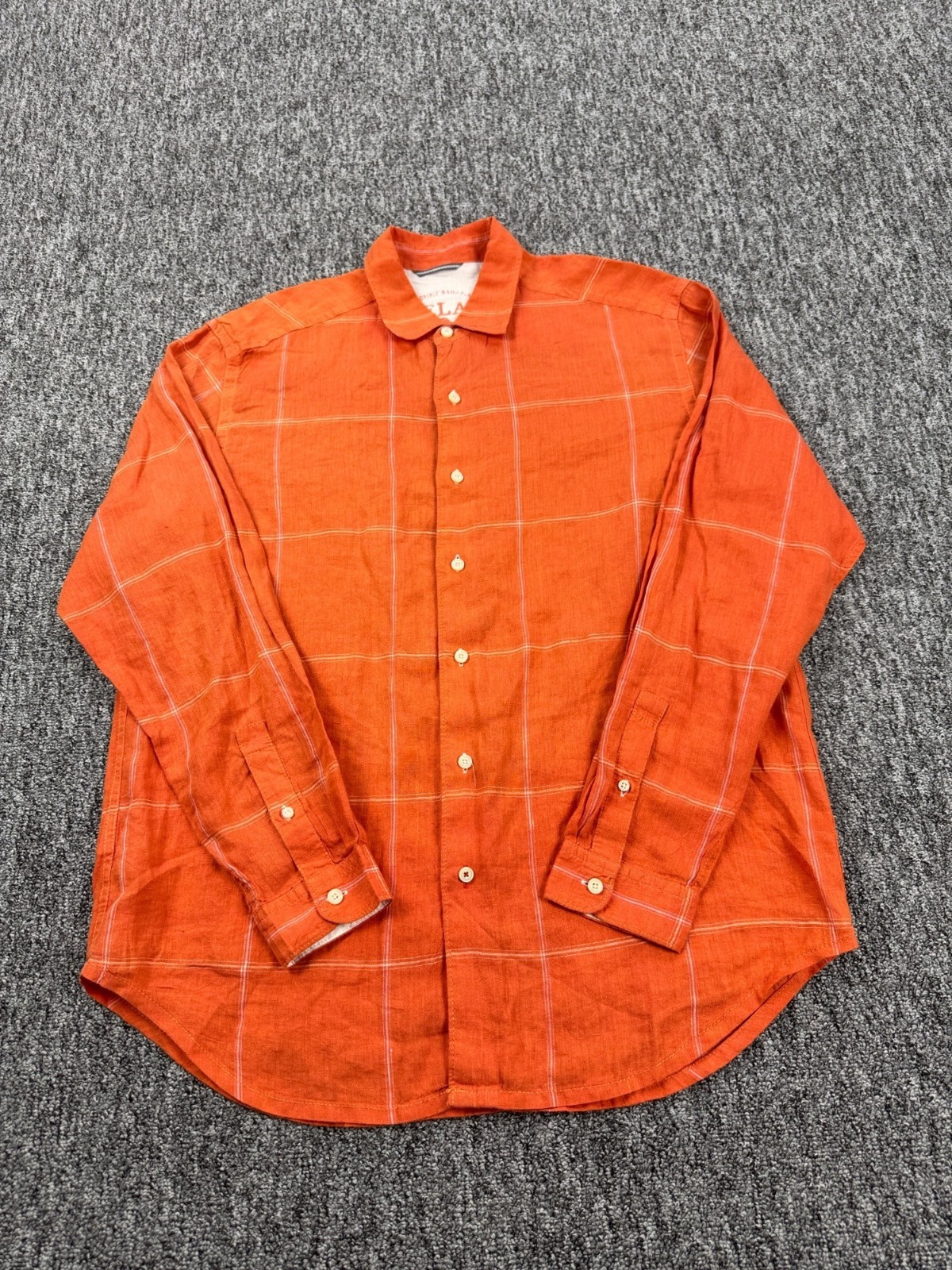 Tommy Bahama Shirt Men Medium Relax Orange Plaid Linen Long Sleeve Button Up