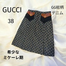 GUCCI Denim Skirt 38 GG Pattern Leather Flap Gold Buttons 57cm Length