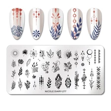 Nicole Diary 277 Nail Stamp Plate Flower Leaf Leaves Nature Line Art Plaid Swirl