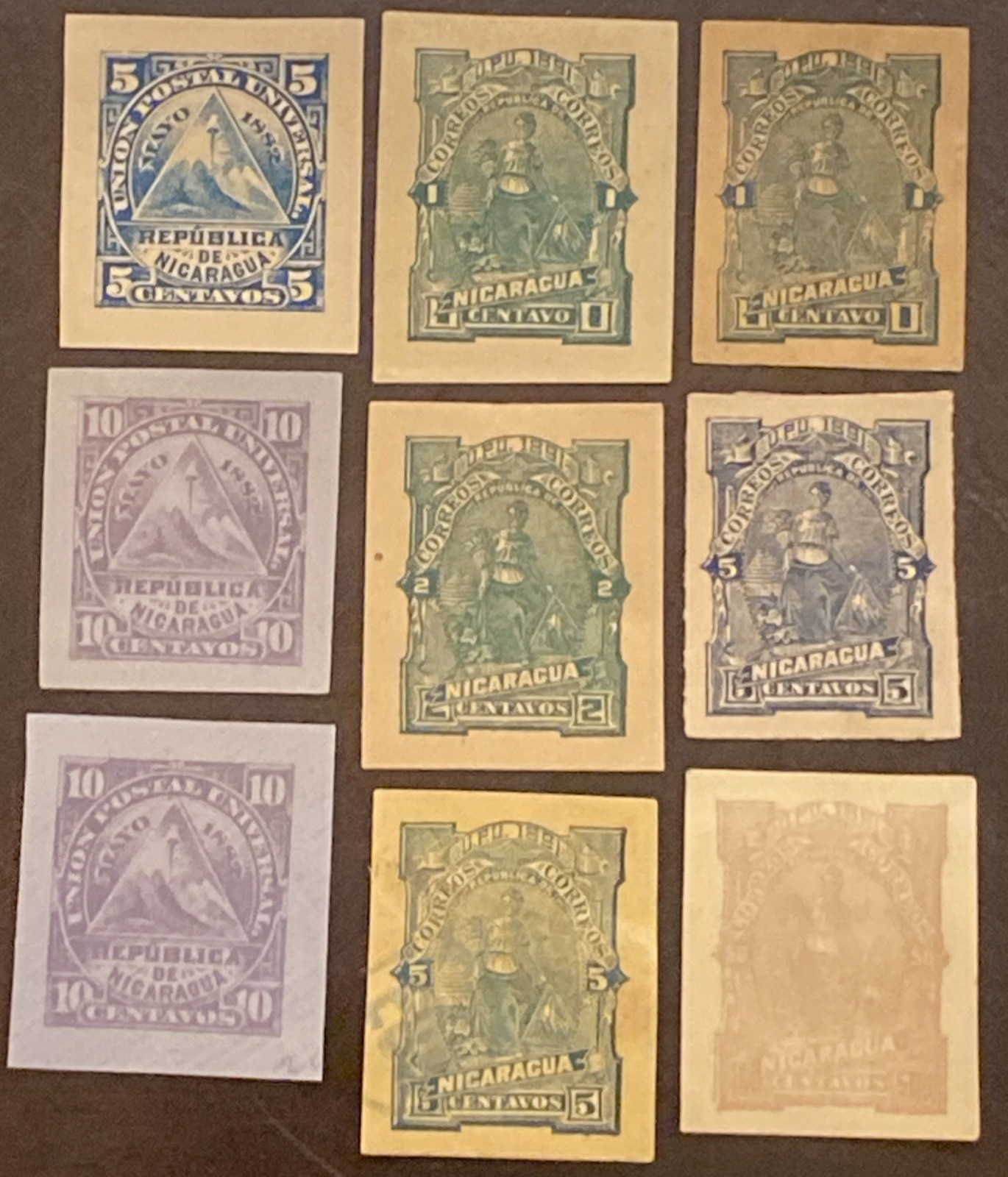 NICARAGUA POSTAGE STAMP WRAPPERS-CUT CORNERS-CUTOUTS USED & UNUSED (9)
