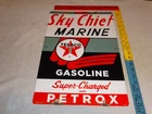 VINTAGE 1962 TEXACO SKY CHIEF MARINE GASOLINE 18" X 12" PORCELAIN METAL OIL SIGN