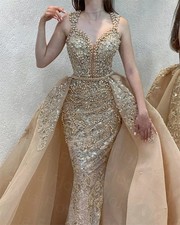 Champagne Mermaid Evening Dress with Detachable Train Dubai Wedding Party Gowns