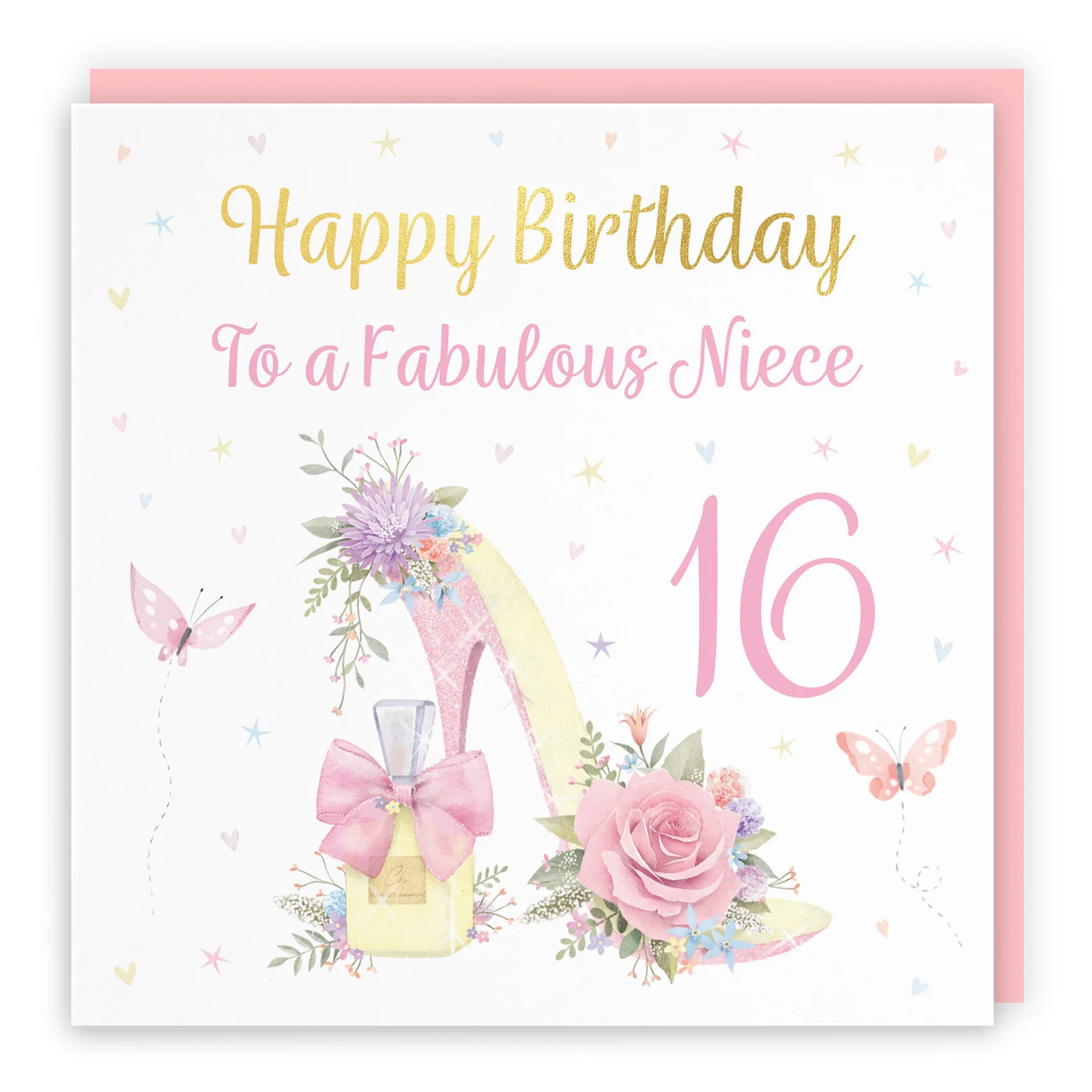 16th Niece High Heel And Perfume Birthday Card Gold Foil Milo's Gallery