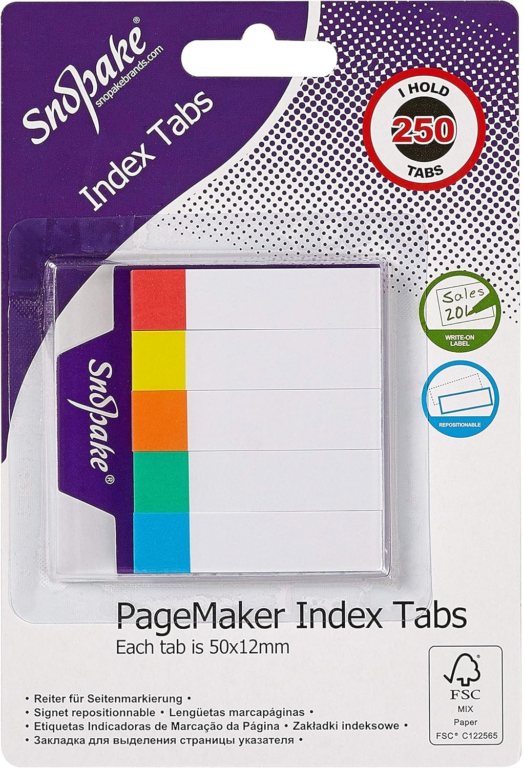 Snopake Index Tab PageMarkers 50 x 12 mm - 250 Tabs - White with Assorted Tips