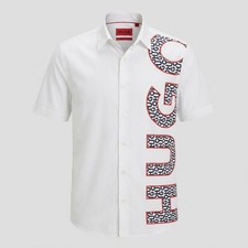 HUGO Boss Mens White Logo Pattern Short Sleeve Button Shirt Size S NWT