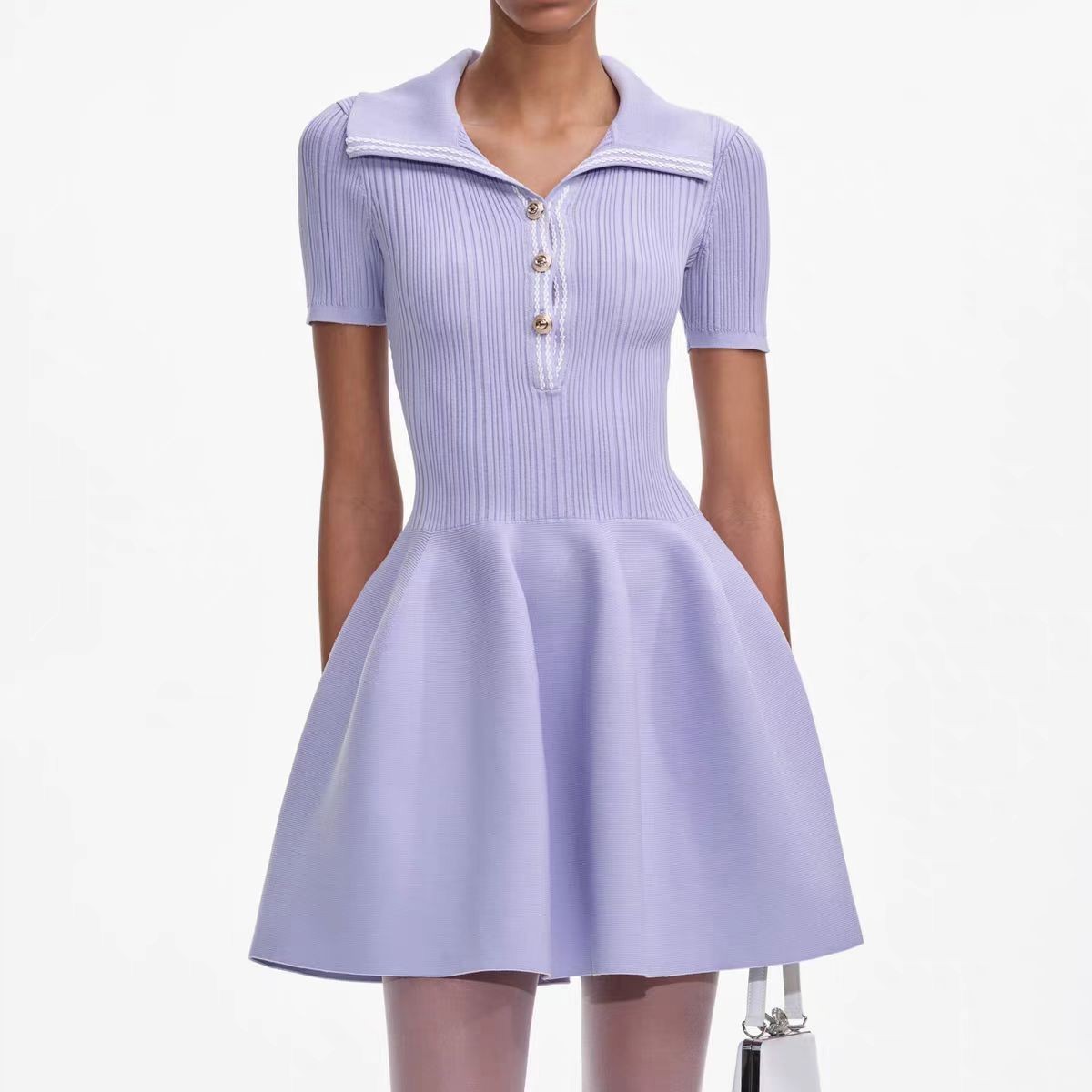 Self-Portrait Womens Summer New Elegance High Waist Lapel Knitted Dress
