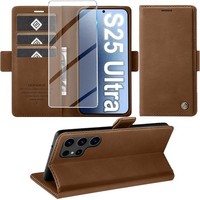 HandyhüLle PU Leder Wallet Flip Case Braun Mit Schutzfolie FüR Galaxy S25 Ultra