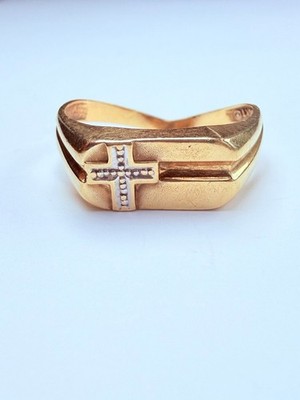10K Solid Two Tone Gold Religious Cross Crucifix Square Retro Vintage Mens Ring