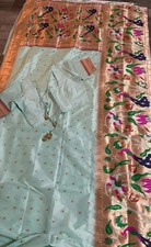 Kanchipuram Paithani Silk Saree Sea Green with 15-Inch Border Custom Stitche