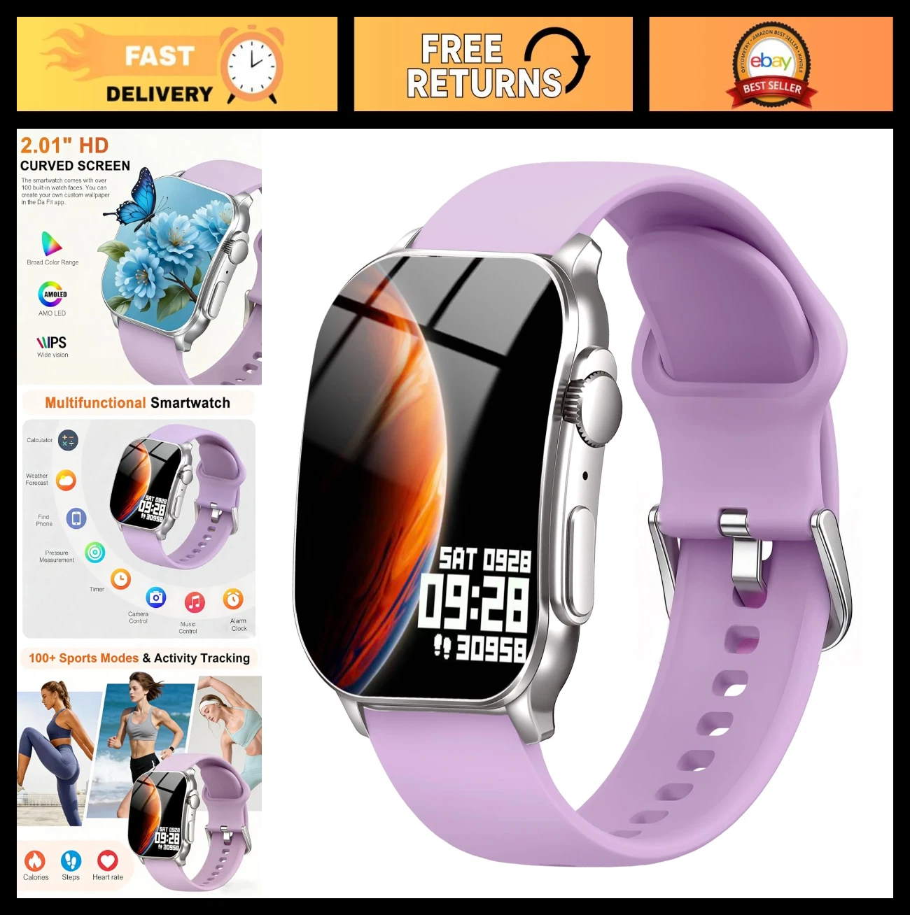 2.01" AMOLED Smart Watch, Fitness Tracker, IP68 Waterproof, Calls & 110+ Sports