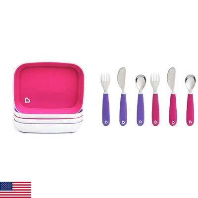 Munchkin  Splash  Toddler Plates and Utensils, 10pc Set, Pink/Purple